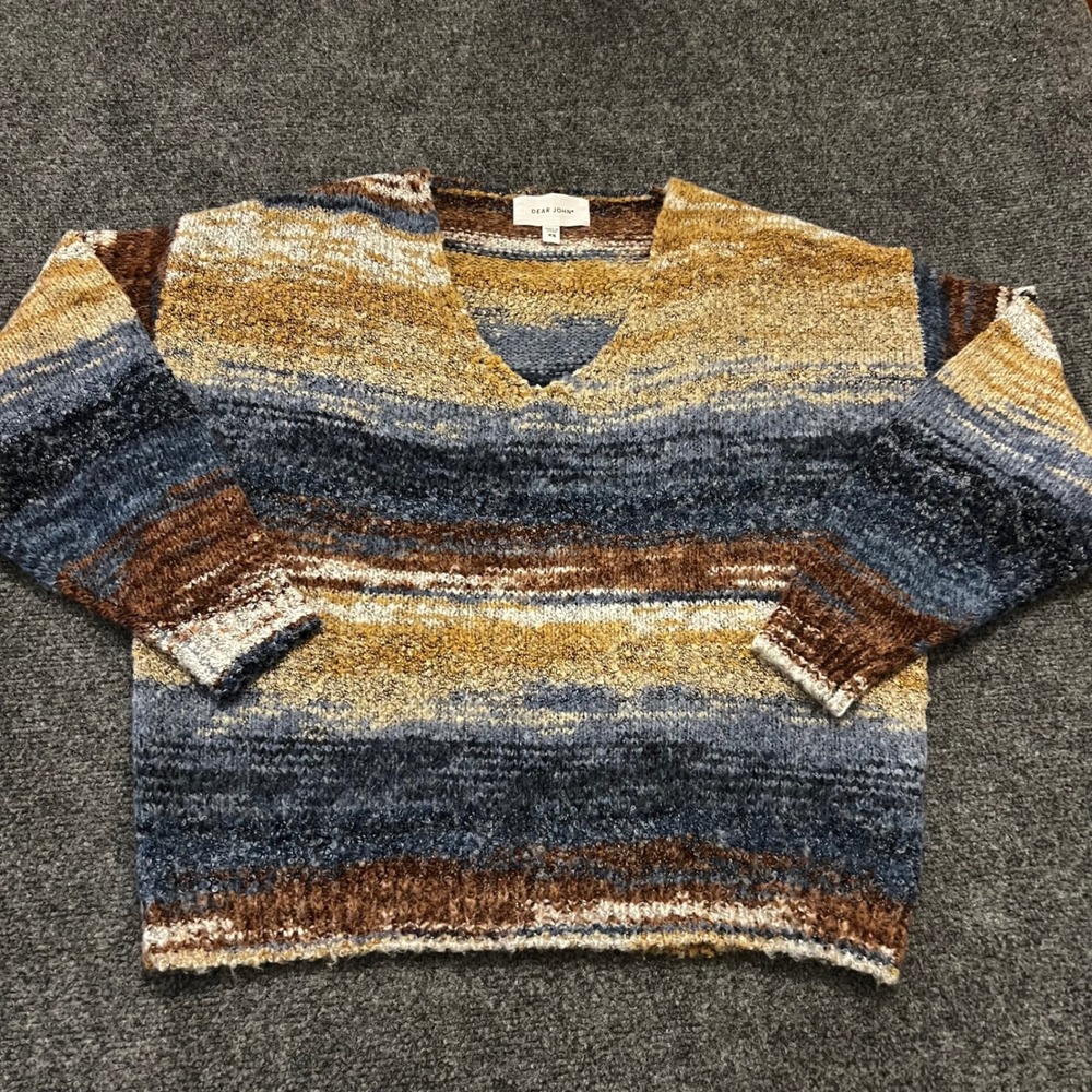 Dear John Womens XS V-Neck Striped Knit Sweater Blue Brown Earthy Wool Blend